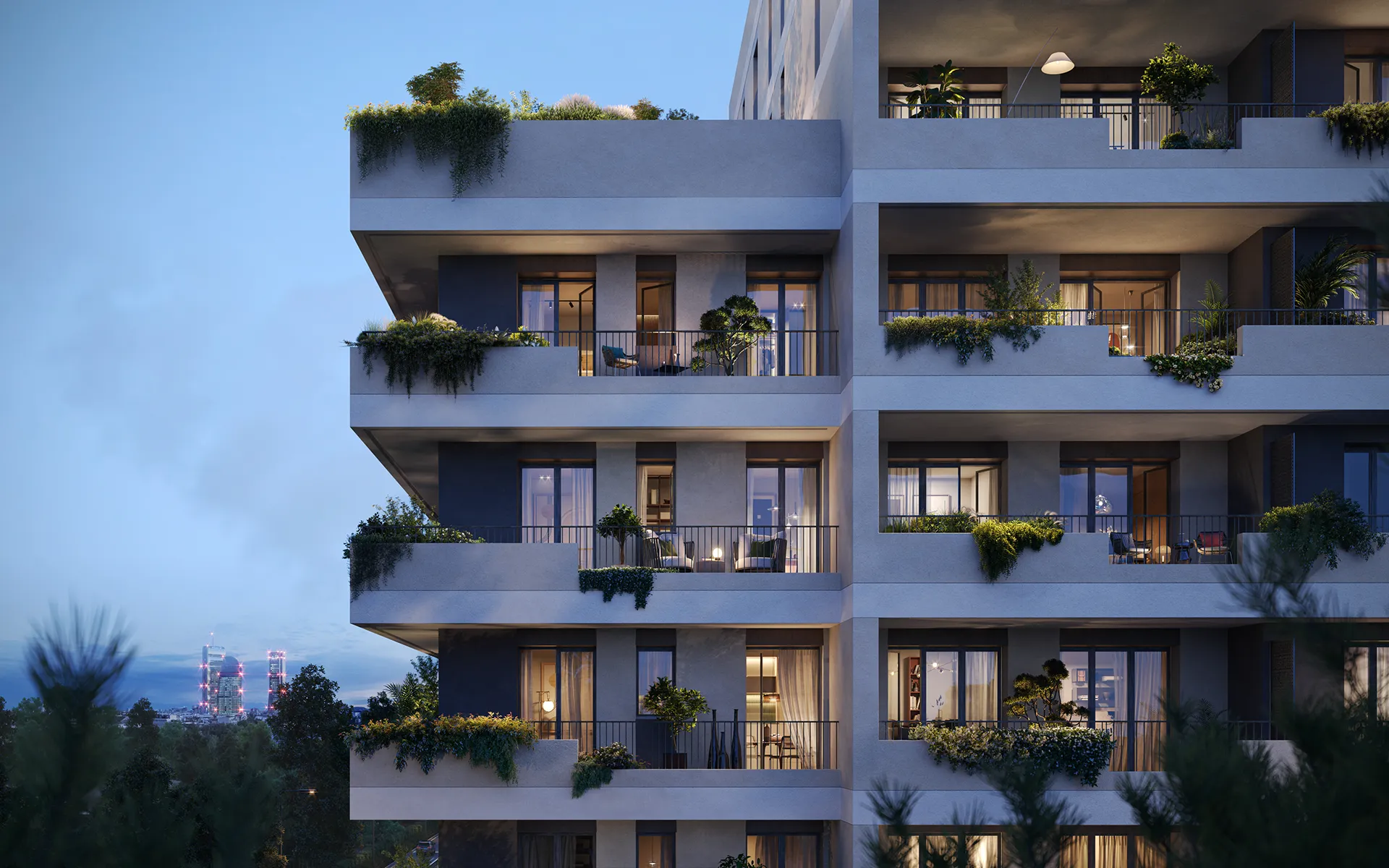 Facciata di un edificio moderno a San Siro al tramonto, con terrazzi pieni di piante.