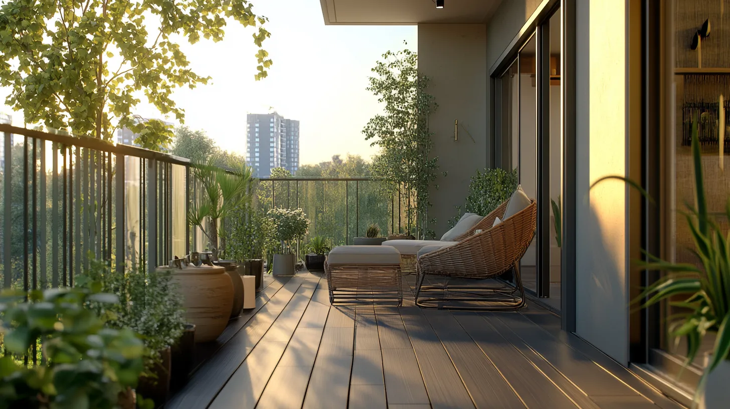 Balcone con piante, poltrona in rattan e luce solare.