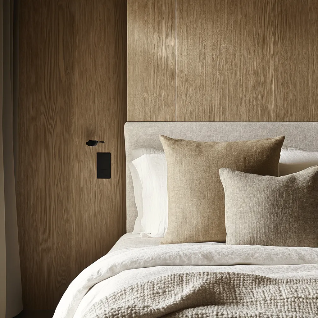Camera da letto minimalista con parete in legno chiaro, letto con cuscini beige e biancheria bianca.