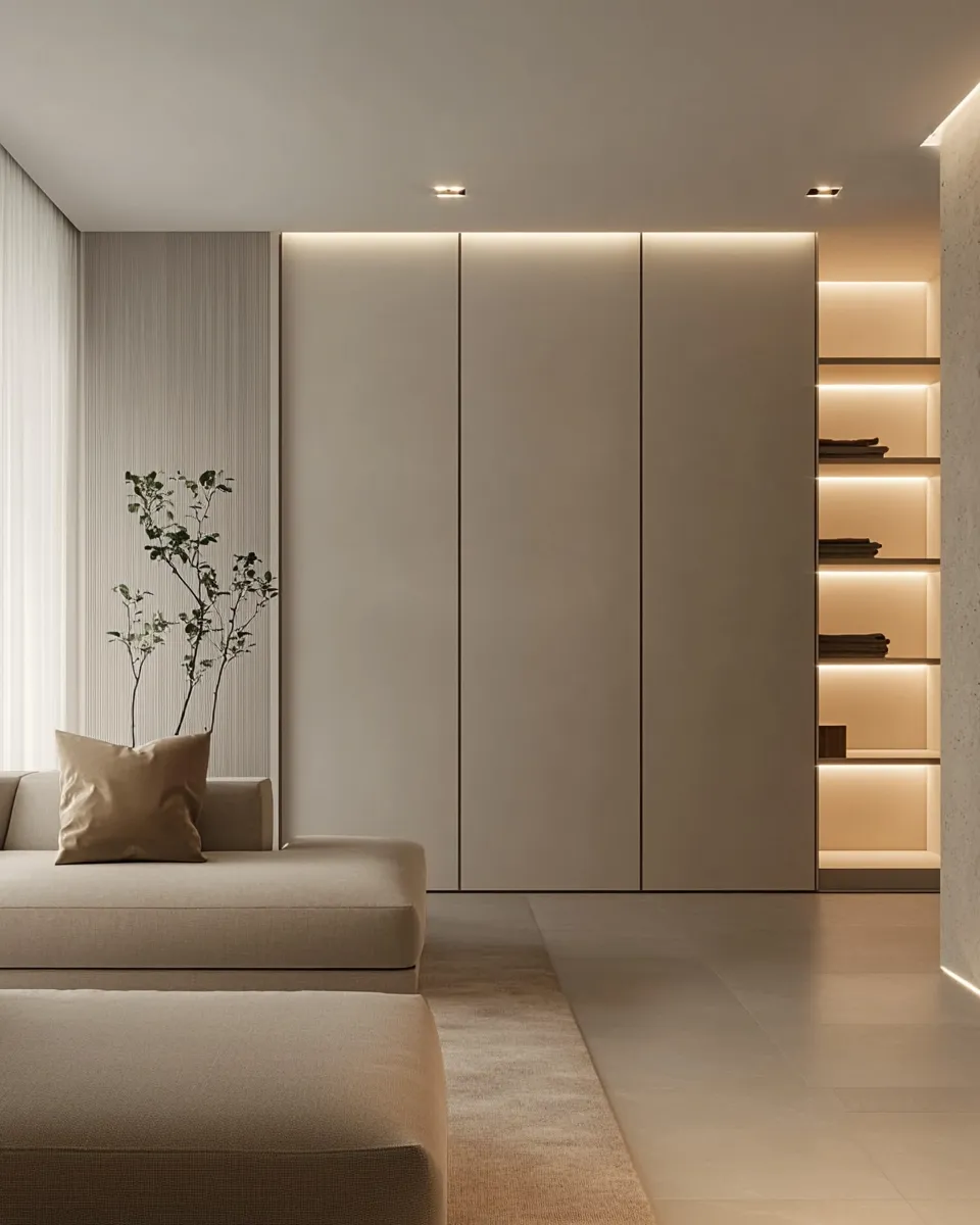 Sala minimalista con divano beige, parete con armadio e scaffali illuminati. Piante e luce soffusa creano un'atmosfera tranquilla.